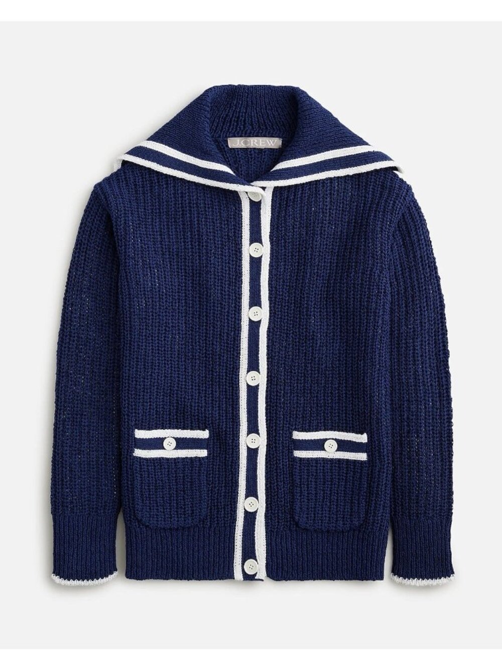 J.Crew Sailor Cardigan Medium Womens Nautical Knit Preppy Contrast Trim Cotton